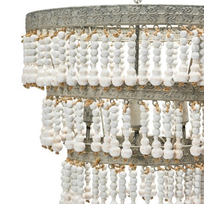 Antique White 3-Tier Beaded Chandelier with Metal Frame