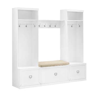 4pc Harper Entryway Set With Bench, Shelf And 2 Hall Trees Set White ...