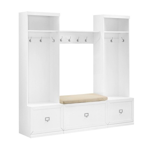 4pc Harper Entryway Set With Bench, Shelf And 2 Hall Trees Set White ...