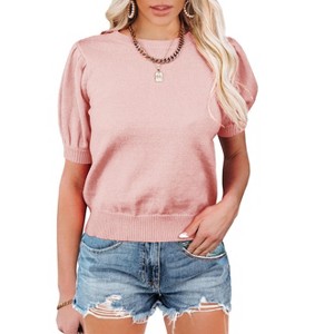 Clearlove weater Tops for Women Short Sleeve Crew Neck Summer Knit Shirt Ribbed Knit Cuff Tops. - 1 of 1