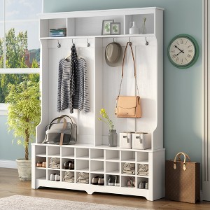 TIRAMISUBEST Modern Large Hallway Coat Rack with 6 Hooks, Entryway Bench Wide Hall Tree with 24 Shoe Cubbies - 1 of 4