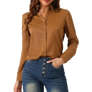 Allegra K Women's Work Office V Neck Button Down Long Sleeve Chiffon Blouse - 1 of 4