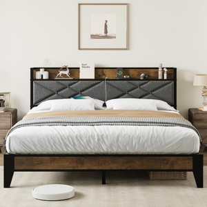 King Bed Frame with Headboard, Vintage Platform Bed with Charging Station & Storage Shelf, No Box Spring Needed, Grey & Brown - 1 of 4