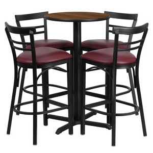 Flash Furniture 24'' Round Walnut Laminate Table Set with X-Base and 4 Two-Slat Ladder Back Metal Barstools - Burgundy Vinyl Seat - 1 of 2