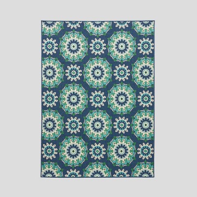 5'3" x 7' Medallion Outdoor Rug Navy/Green - Christopher Knight Home: Vintage Style, Water-Resistant, Loomed Polypropylene