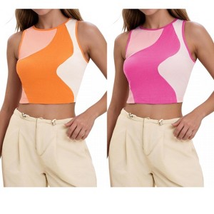 INSPIRE CHIC Women's Color Block Summer Crew Neck Ribbed Sleeveless Crop Going Out Tank Tops 2 Packs - 1 of 4