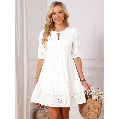 Женские платья INSPIRE CHIC Women's Lace Eyelet Summer Tie V Neck Half Puff Sleeve Tiered Flowy A Line Mini Dress Medium White — фото 3