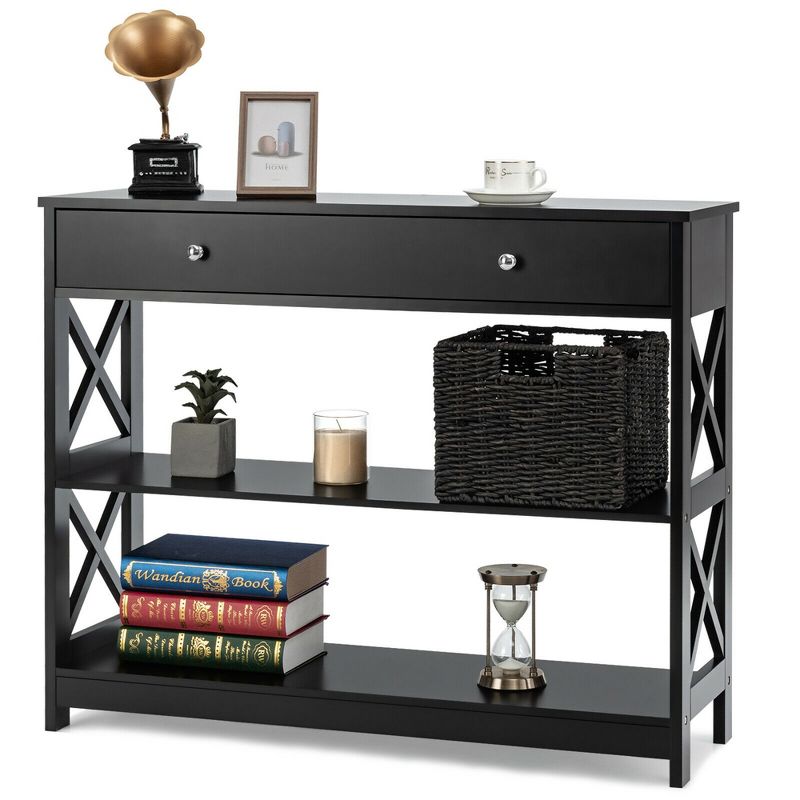 Costway Console Table Drawer Shelves Sofa Accent Table Entryway Hallway Black/White, 5 of 11