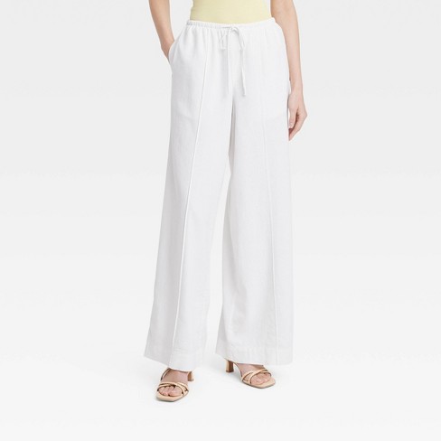 Women's High-Rise Wide Leg Linen Pull-On Pants - A New Day™ White L