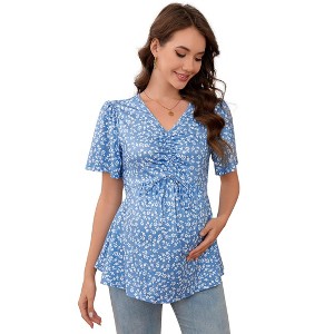 Clearlove Pregnancy Top Women's Drawstring Front V Neck Maternity T Shirt Short Sleeve Peplum Blouse - 1 of 4