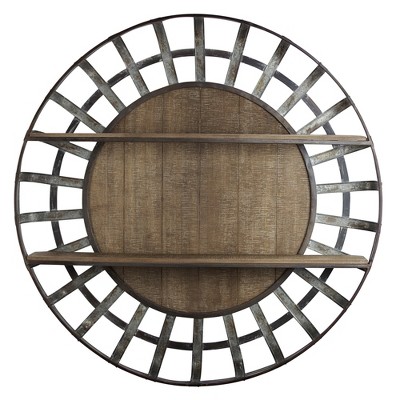 35.5" Decorative Round Wood And Metal Wall Shelf Brown - E2 Concepts