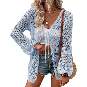 Women's Crochet Cardigan Light Weight Long Sleeve Tie Front Hollow Out Thin Cardigan - 1 of 4