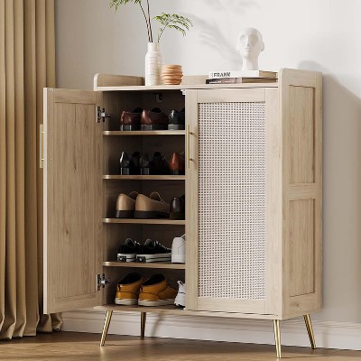 6-Tier Rattan Shoe Cabinet with 2 Doors, Adjustable Shelves, Wooden Shoe Rack for Entryway, Hallway, Living Room
