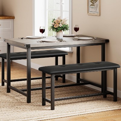 44.5" Dining Table Set for 4 - 2 Upholstered Benches, Space-Saving Rectangular Design for Apartment/Kitchen