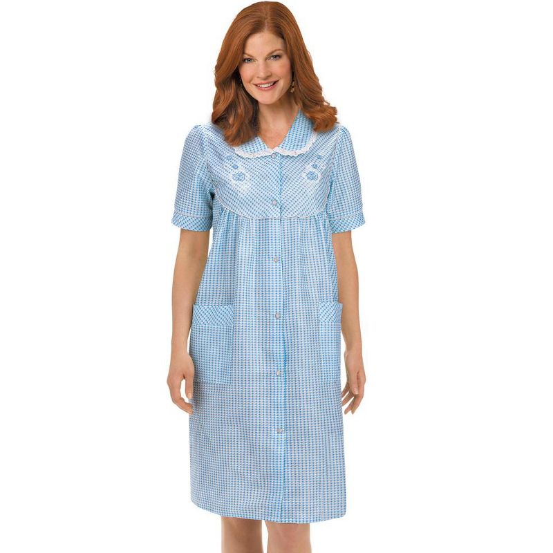 Collections Etc Collections Etc. Gingham Women's Robe with Floral Accents, Snap-Front Closure and Lace Trim, 1 of 4