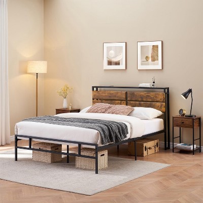 Homhougo Full Size Bed Frame, Upholstered Platform with Overhead Placement Space Brown
