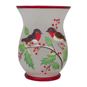 Northlight 8" Hand Painted Finches and Pine Glass Christmas Candle Holder