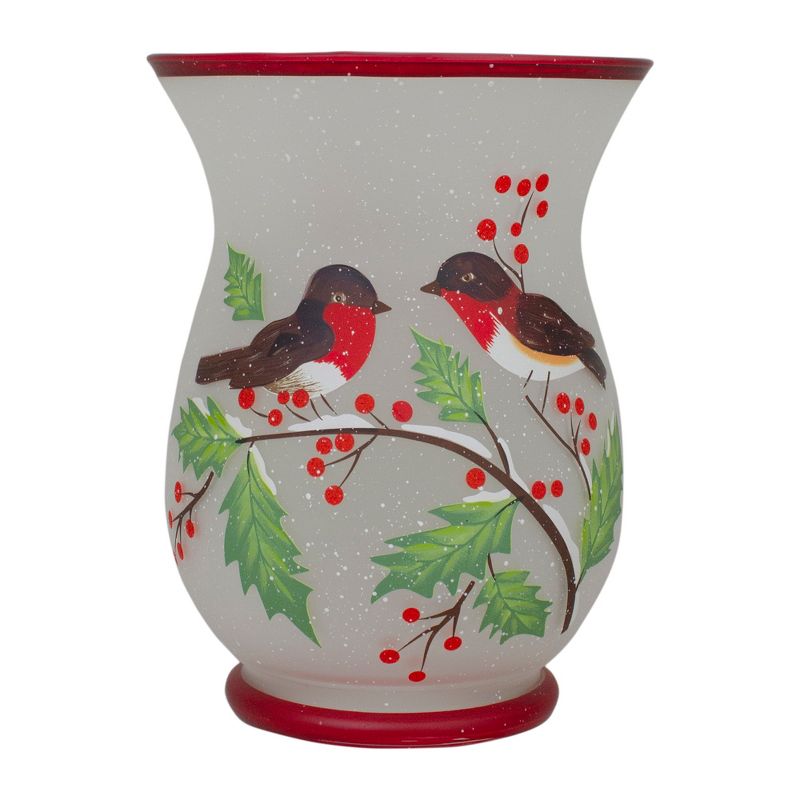 Northlight 8" Hand Painted Finches and Pine Glass Christmas Candle Holder, 1 of 6