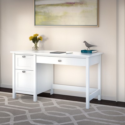 Pure White Transitional Wood Desk with Drawers and Keyboard Tray