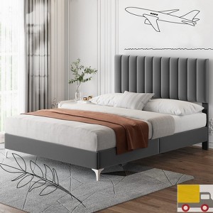 Jojoka Velvet Upholstered Platform Bed Frame with Adjustable Headboard, Heavy-Duty Wood Slats Support, No Box Spring Needed, Noise-Free - 1 of 4