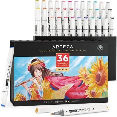 Arteza Professional Everblend Dual Tip Ultra Artist Brush Sketch Markers, Manga Tones, Alcohol-Based, Replaceable Tips - 36 Pack (ARTZ-2034)