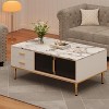 Homhougo Faux Marble Coffee Table, Rectangle Fluted Cocktail Table with 4 Drawers, 4 Glass Doors, Modern Wooden Center Table with Metal Legs - 3 of 4