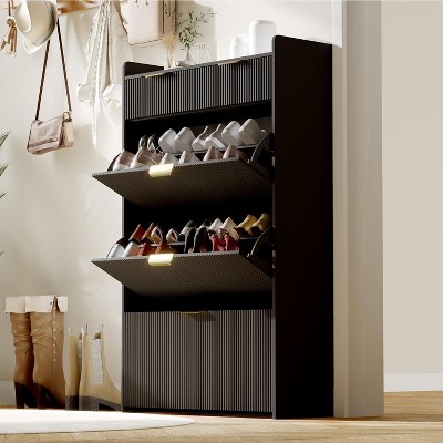Modern Fluted Shoe Storage Cabinet with 2 Flip Drawers & Pull-Out Drawer & Hook, Wooden Slim Shoe Organizer with Metal Legs