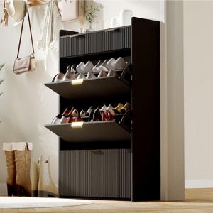 Modern Fluted Shoe Storage Cabinet with 2 Flip Drawers & Pull-Out Drawer & Hook, Wooden Slim Shoe Organizer with Metal Legs - 1 of 4