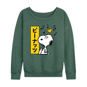 Women's - Peanuts - Snoopy And Woodstock Lightweight French Terry Wide Neck Long Sleeve Shirt - 1 of 4