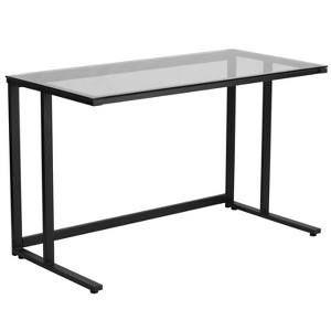 Emma and Oliver Glass Desk with Black Pedestal Metal Frame - 1 of 4