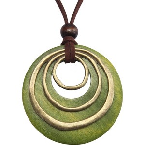 Leather and Wood Necklace Chunky Circle Pendant Boho Jewelry for Women - 1 of 4