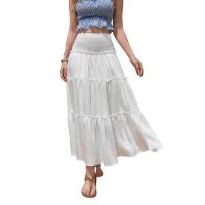 Women's Tiered Maxi Skirt High Waist Smocked Ruffled Boho Long Skirt - 1 of 4