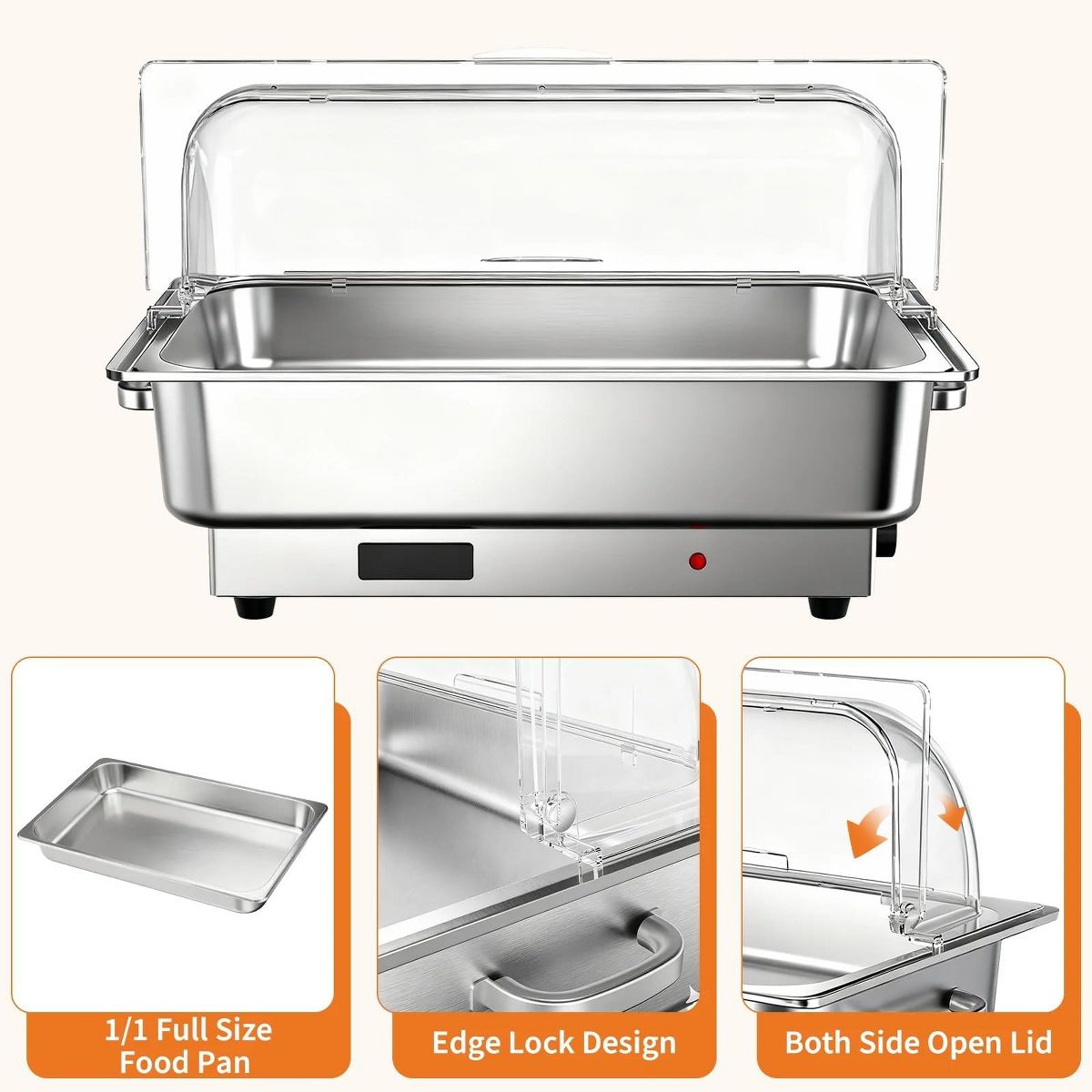 Stainless Steel Electric Chafing Dish Buffet Set – 9QT Food Warmer with Digital Temp Control, Transparent Lid for Catering, Parties, Weddings - thumbnail 7