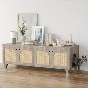 Gulches Double Cat Litter Box Enclosure Rattan Decor Doors, 2 Entrances, Hidden Furniture Cabinet for Two Cats, Pet Washroom - 1 of 1