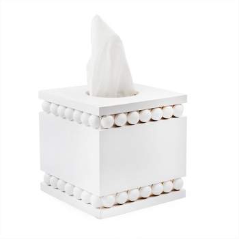 AuldHome Design Beaded Tissue Box Cover White; Rustic Farmhouse Wood Tissue Holder