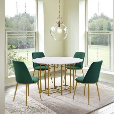GDFStudio Oscar 5 Piece Modern Ergonomic Iron and Linen Upholstered Dining Set with 47.2" Foldable Faux Marble Table