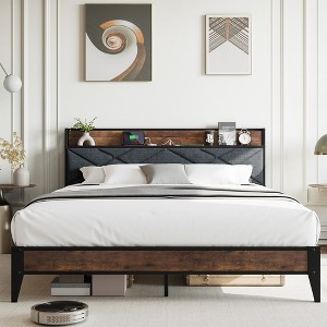 Bed Frame, Upholstered Headborad with Storage, Tufted Design, Steel Slats Support, No Box Spring Needed, Easy Assembly, Grey - 1 of 4