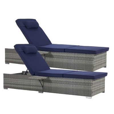 Gulches Gray Rattan Patio Chaise Lounges Set - Outdoor Sofa Deck Chair with Navy Blue Cushions