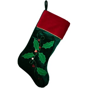 Northlight 20" Dark Green and Red Holly Berry Christmas Stocking - 1 of 4