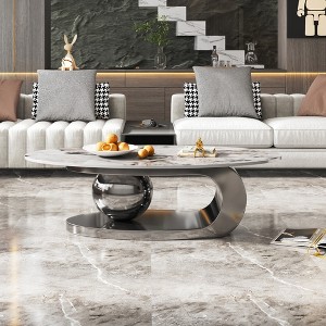 Gulches 49.2" Oval Faux Marble Coffee Table for Living Room Sintered Stone Top (Heat/Scratch/Stain-Resistant) with Central Ball - 1 of 4