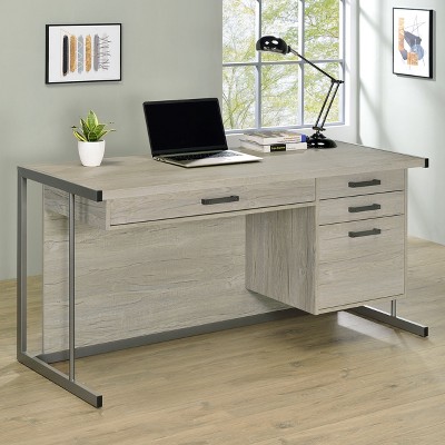 Vynxaria Brisley Whitewashed Grey and Gunmetal Sled Base Office Desk