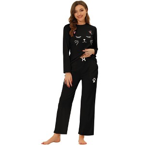 cheibear Women's Lounge Cute Cat Long Sleeve Tops with Pants Pajama Set - 1 of 4