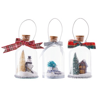 Juvale 3 Pack Mason Jar Ornaments, Hanging Glass Decorations with Steel Handles, 3 Assorted Designs, 2.36 x 4"