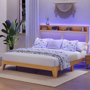 Rattan Bed Frame with LED Lights & Charging Station, Bohemian Rattan Bed Frame with 2 Tier Storage , Solid Wood Foundation with Silent Slats - 1 of 4