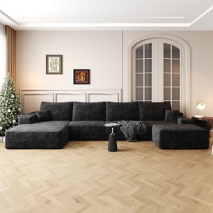 135 Inch Modern Plush Corduroy Fabric Cloud Sectional Sofa with 1 Ottoman Comfort Gray U Shaped Sofa for Living Room - 1 of 4