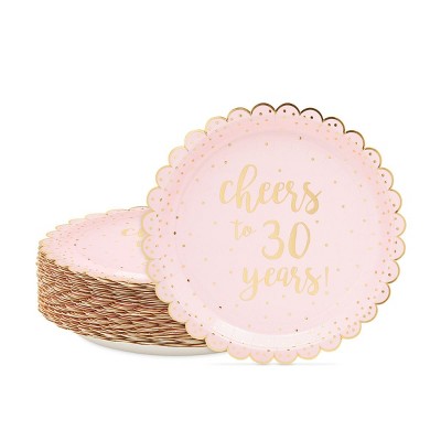 Sparkle and Bash 48 Pack Gold and Pink Scalloped Plates for 30th Birthday Party, Cheers to 30 Years (9 In)