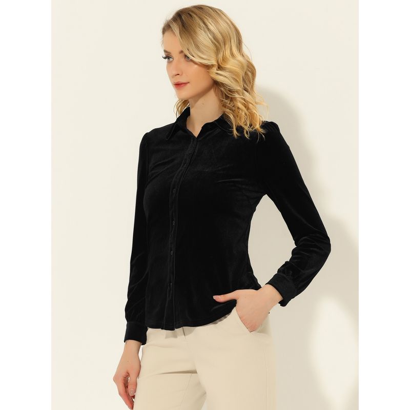 Allegra K Women's Button Down Solid Color Long Sleeve Velvet Work Shirt, 3 of 6