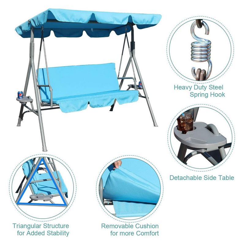 GOLDSUN 3 Person Outdoor Weather Resistant Patio Glider Swing Hammock Chair w/ Utility Tray & Sunshade Canopy for Patio, Garden, Deck, or Pool, Blue, 2 of 7