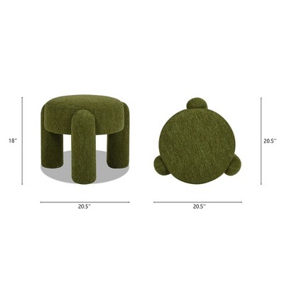 Moss Green Boucle Round Upholstered Ottoman with Eucalyptus Legs