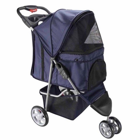 WELLFOR Foldable Pet Carrier 4-Wheel Pet Stroller in Navy with Adjustable Canopy and Storage Basket, Blue